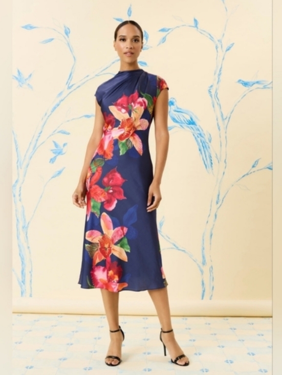 Maggy London Dresses & Skirts - Maggy London Mock Neck Midi Length A-line Cap Sleeve Floral Dress Size 4 NWT